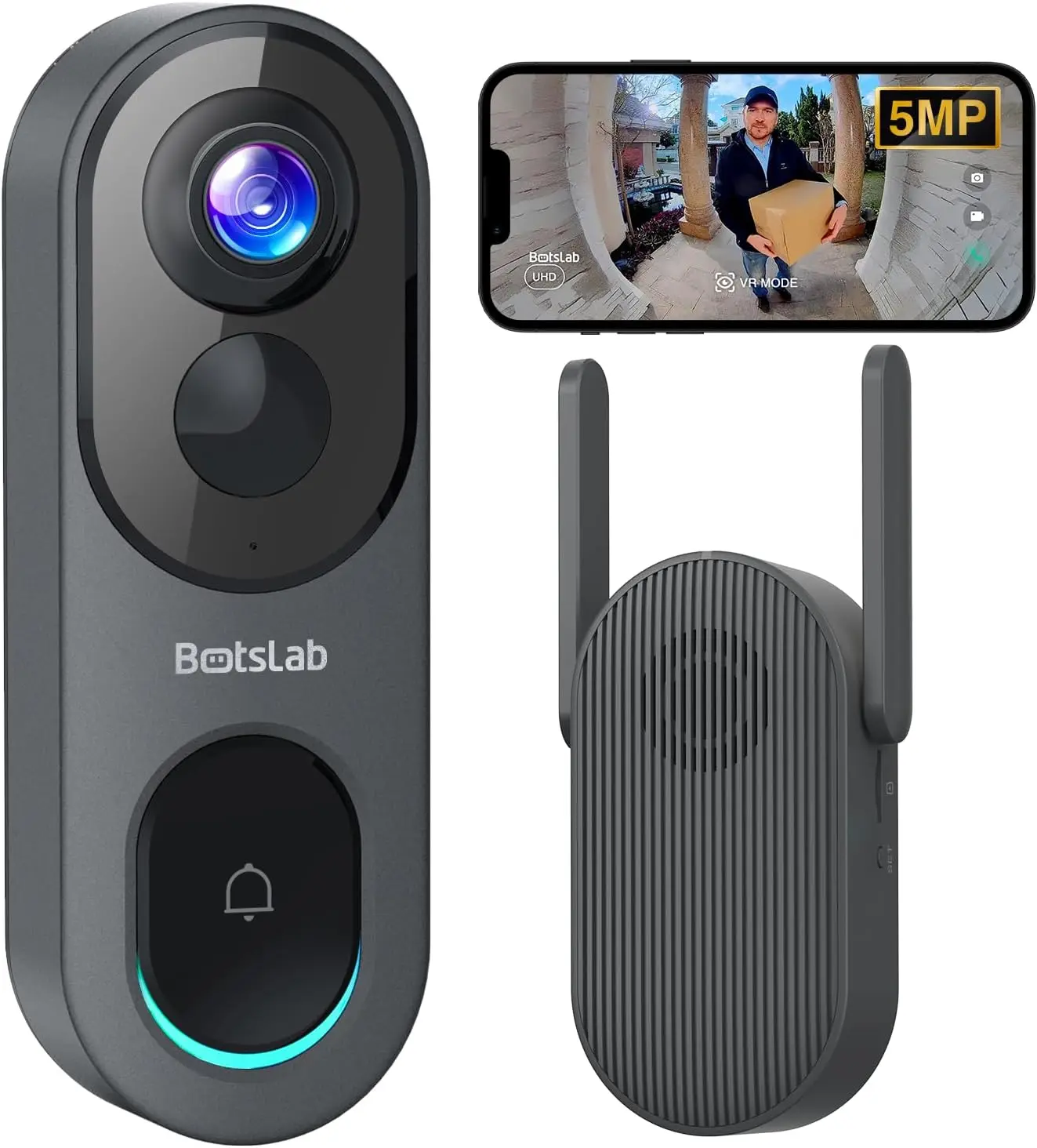 

5MP Wireless Doorbell Camera with 180° View, AI Motion Detection, VR Mode, Battery/Wired Power, Weatherproof, No Monthly Fee