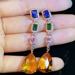925 silver exquisite fantasy color gemstone tassel earrings retro high-definition water drop fashion dinner temperament earrings