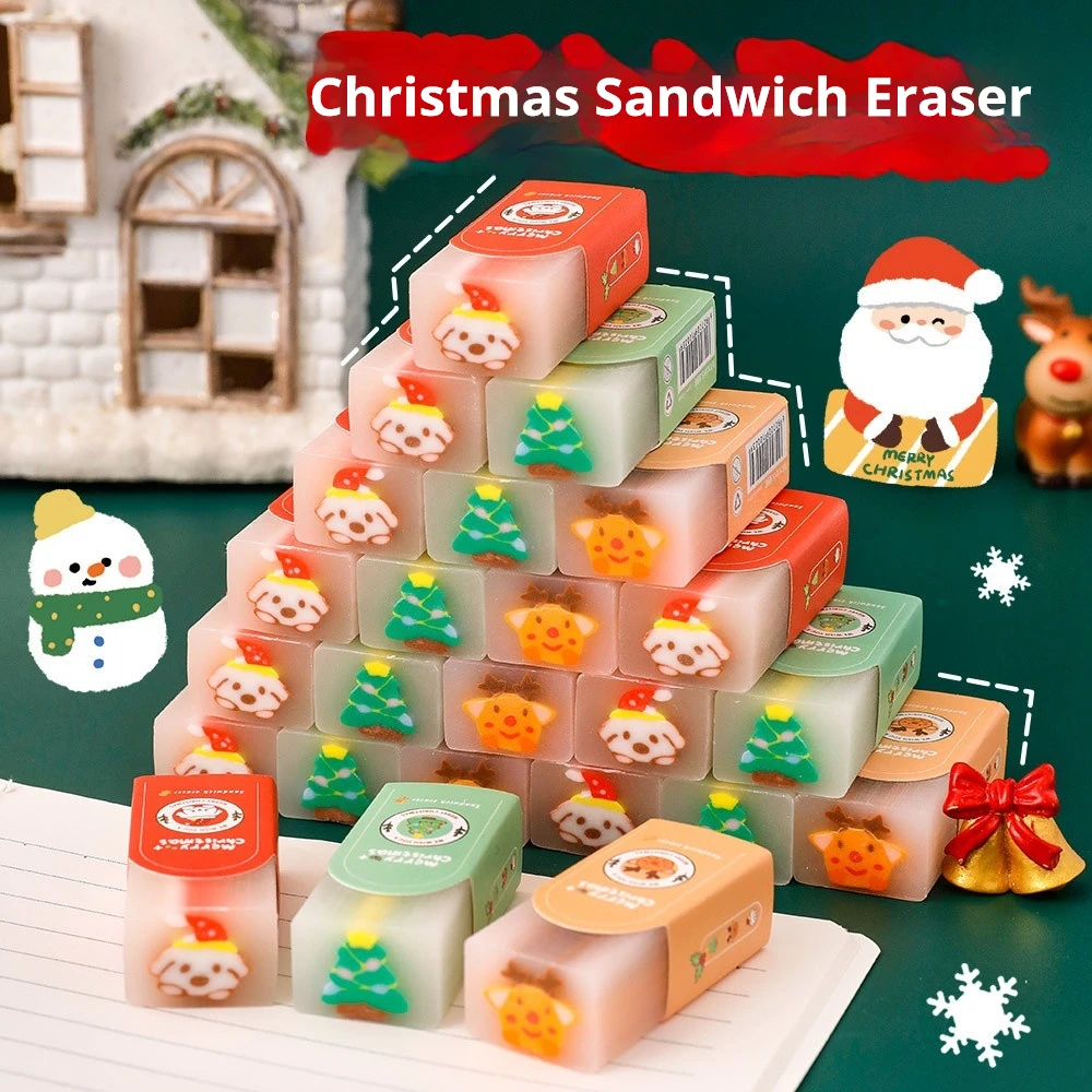 3Pcs/Lot Cute Christmas Sanwich Erasers Wipe Clean Kawaii Cartoon Chritmas Tree Elk Cutting Rubber Pencil Eraser Kids Stationery