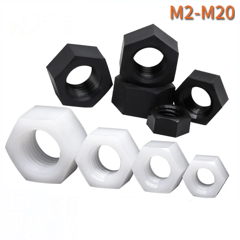White Black Plastic Nylon/6061 Aluminum Alloy Hex Nut Suitable for M2 M2.5 M3 M4 M5 M6 M8 M10 M12 M14 M16 M18 M20 Bolt