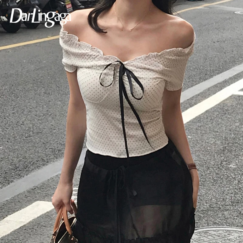

Darlingaga Korean Fashion Polka Dot Printing T-shirts Women Off Shoulder With Lace-Up Short Sleeve Top Tees Y2K Aesthetics New