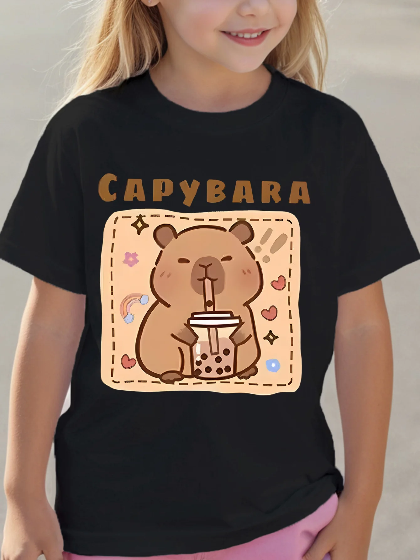 Cute Capybara Drinking Tea Lovely Cartoon Animal Graphic Print T Shirt Family Matching Boys Girls Kids Casual Short Sleeve Tops