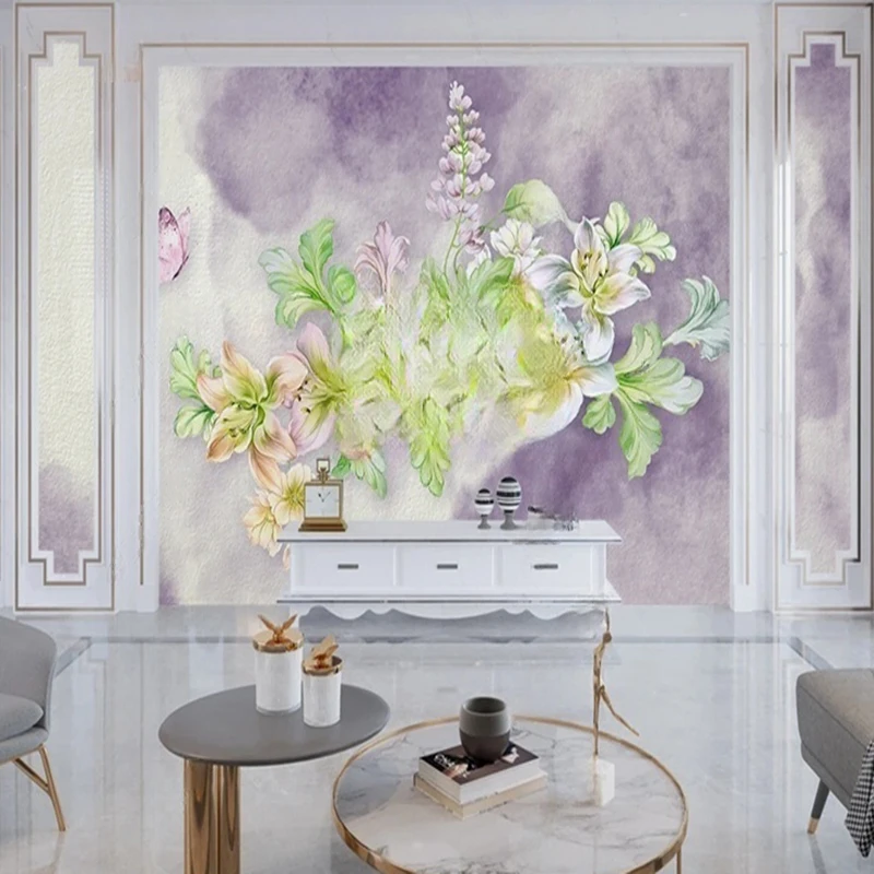 Modern Romantic Lily Flower Butterfly Leaf Pattern Watercolor Wallpaper Custom Mural Background Wall Art Living Room Bedroom