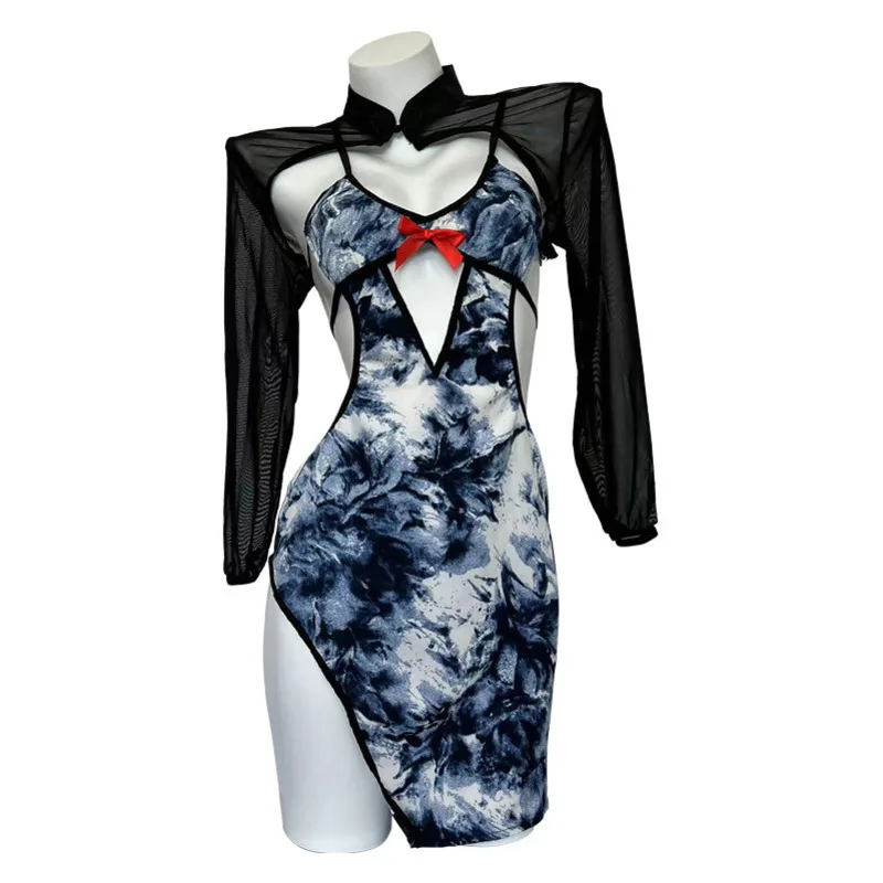 เซ็กซี่ Pure Desire Backless ลึก V ดอกไม้พิมพ์ชุด Hollow Out Sheer Temptation Cheongsam ชุดชุด Elegant Charming 8G50