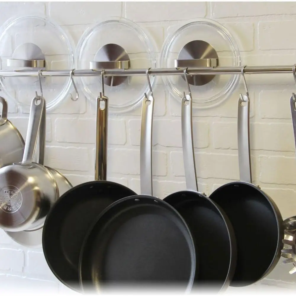 

Stainless Steel 31.5 Wall Mount Kitchen Rail with 10 Hooks for Utensil, Pot, and Lid Storage, Silver