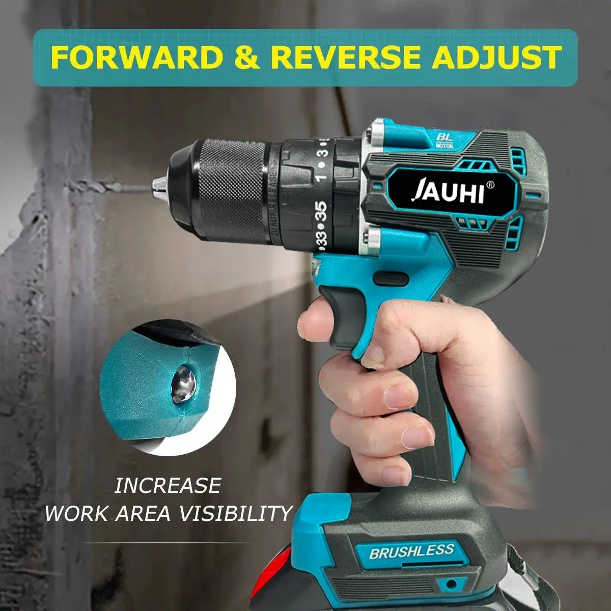 JAUHI Brushless Electric Impact Drill 2 Gears 35+3 Torque 13mm Cordless Efficient Electric Screwdriver For Makita 18V Battery