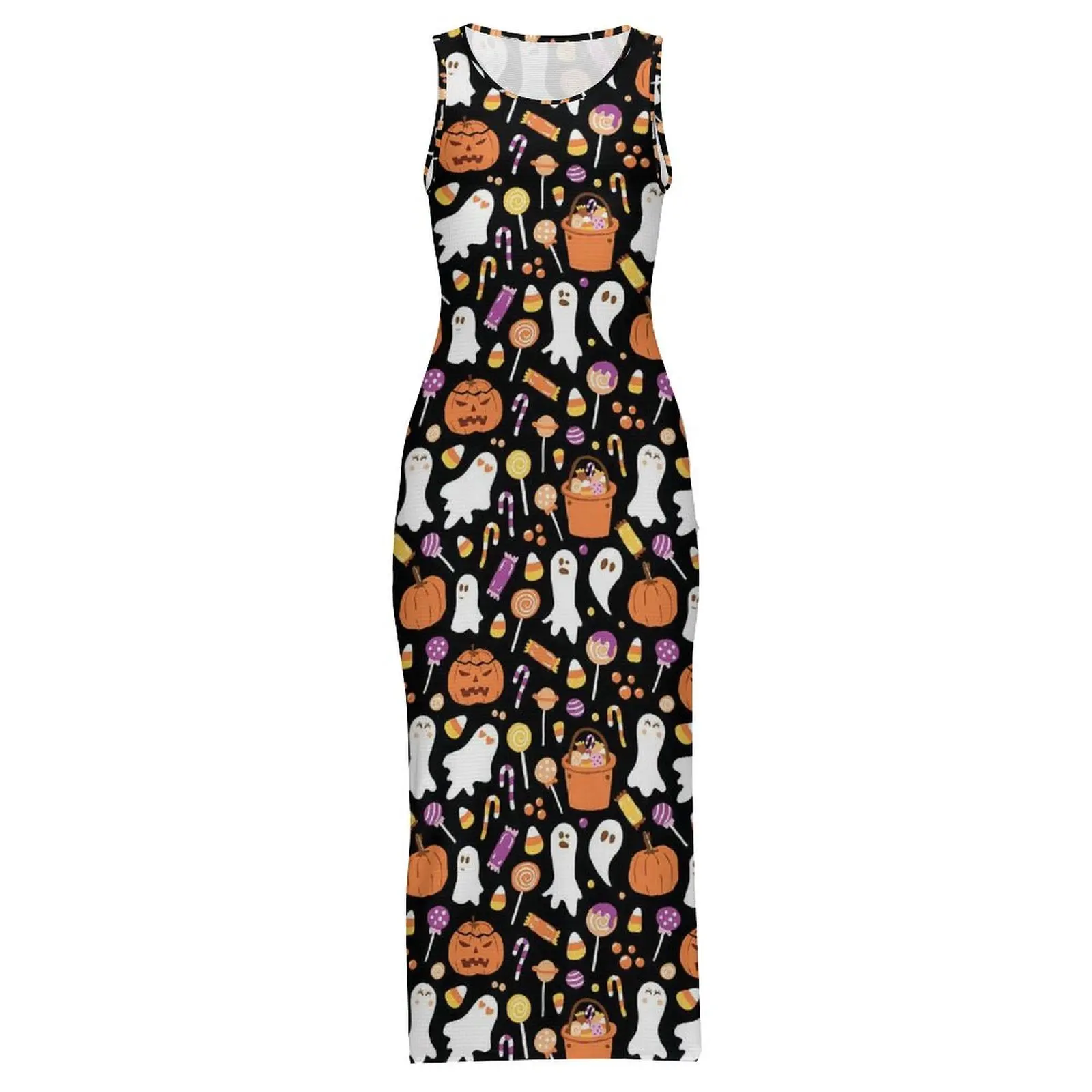 Ladies Bodycon Dress Trendy Halloween Print Maxi Dresses Spring Candy Ghost Sleeveless Casual Y2k Design Dress Big Size 3XL 4XL