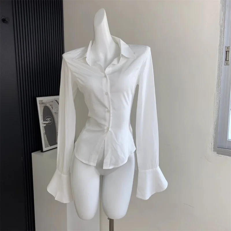 Neploe Simple Single Breasted White Shirts Women 2024 Spring Sexy Slim Waist Blouses Y2k Lapel Neck Long Sleeve Blusas Mujer