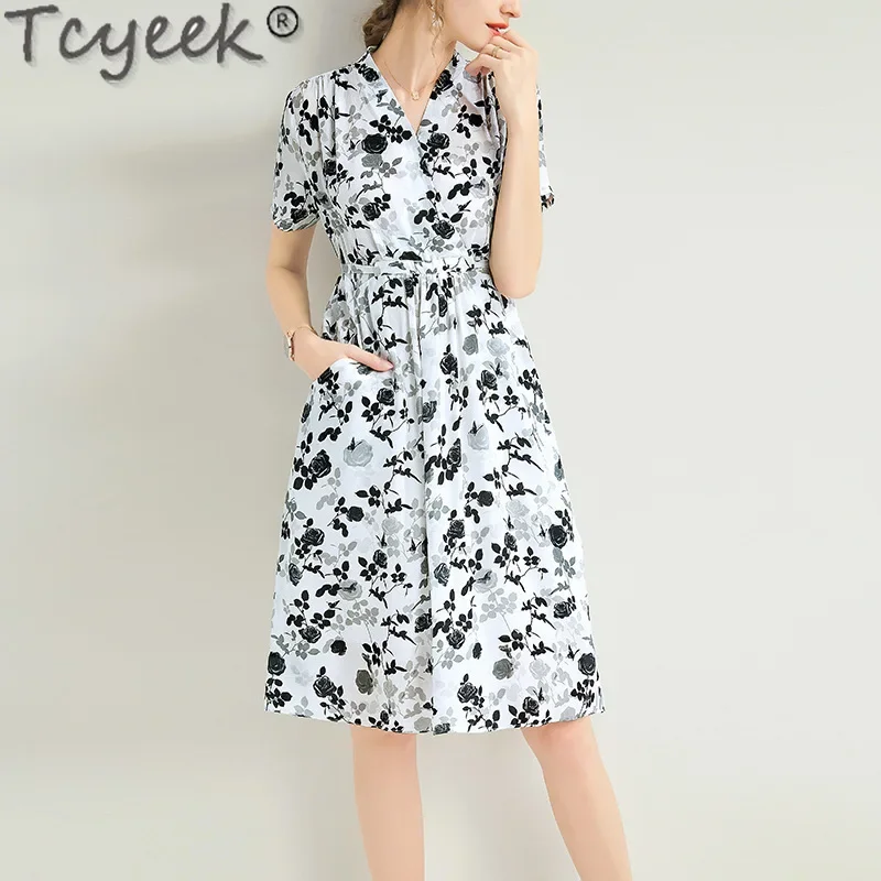 

Tcyeek 100% Mulberry Silk Dresses for Women Clothes Midi Dress 2024 Summer Dress Elegant Women's Dresses Vestidos Para Mujer