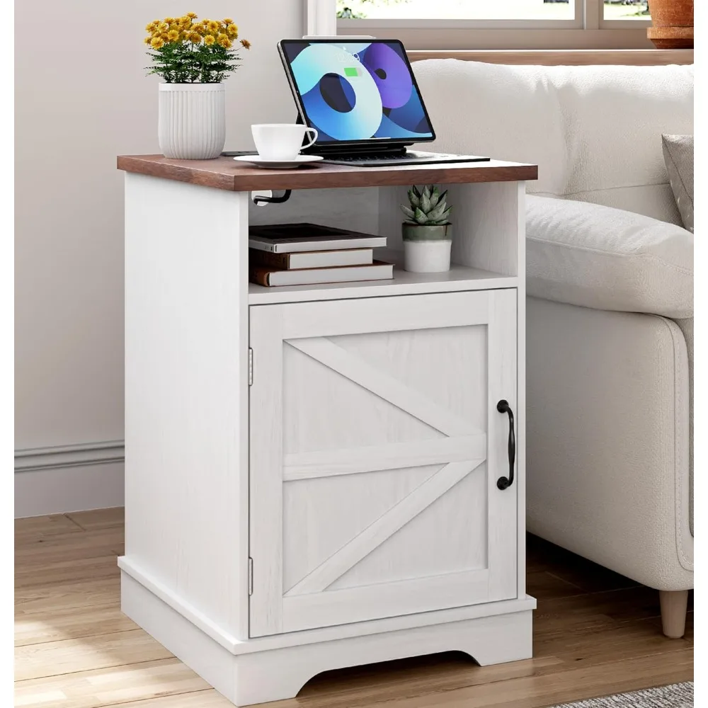 

White Nightstand with Charging Station, Bedside Table with Storage, Rustic Side End Table with Wooden Legs, Night Stand