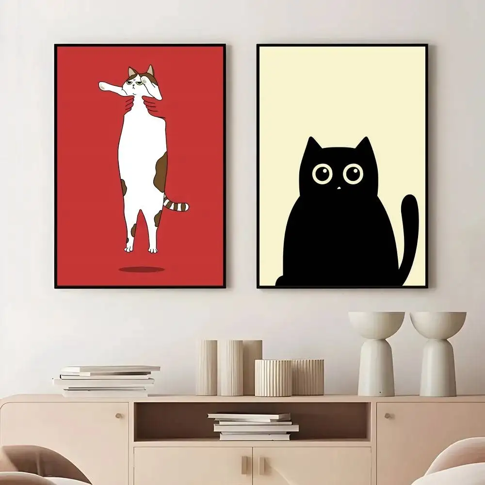 Minimalist Black Cat Poster Cartoon Kitten Color Block Illustration Cute Pet Print Cat Lover Bedroom Living Room Wall Decor