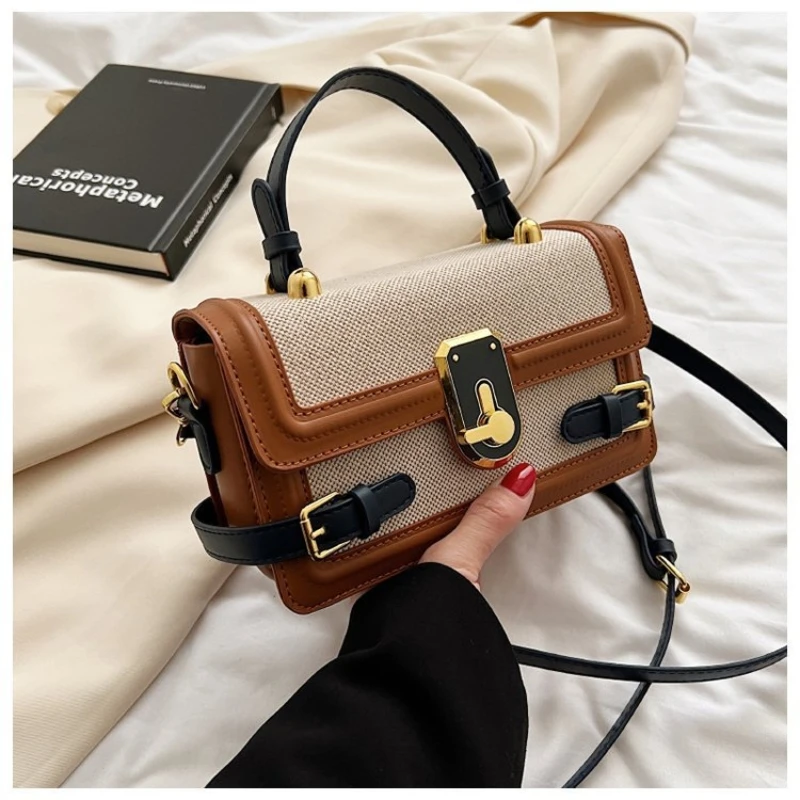 

Fashion Colorblocking Design Small Bag Women's Hundred Handbag Small Square Bag Shoulder Bag Retro Leisure Crossbody PU Material