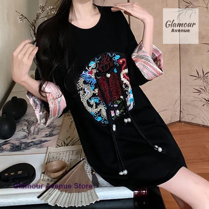 Chinese ethnic embroidery stitching printed short-sleeved dress women's summer new fashion loose casual Joker slim T-shirt.