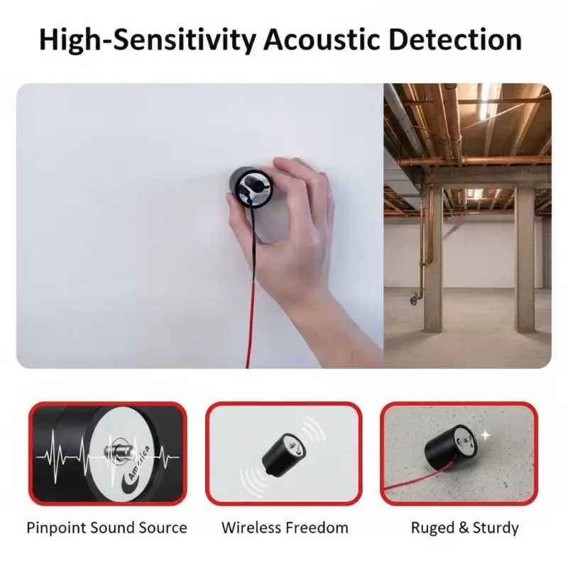 Portable Water Pipe Leakage Detector Sensitive Probe Compact Leak Tester for Home Bathroom Kitchen Pipe Inspection
