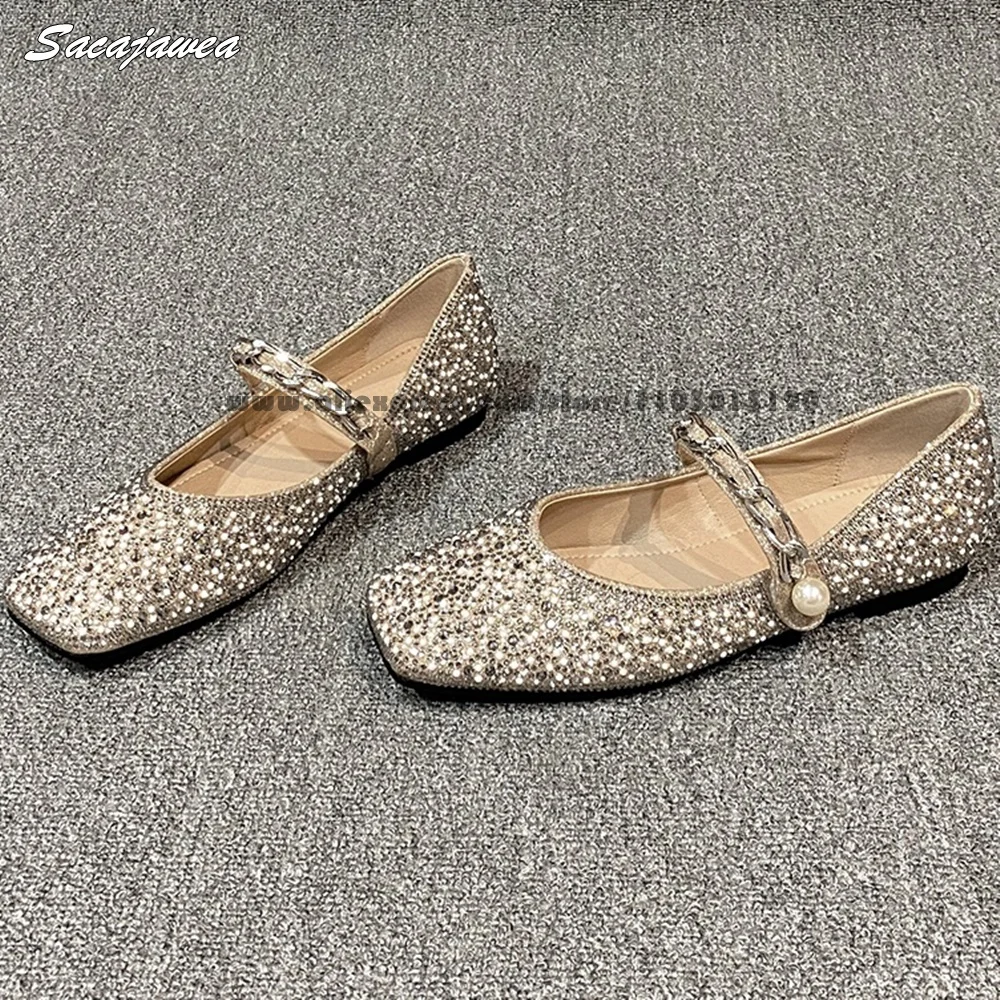 

Cow Split Leather Rhinestones One Word Belt Pearl Button Flats Square Toe Shallow Lady Casual Shoes Size 35-40 Dress Ballet Shoe