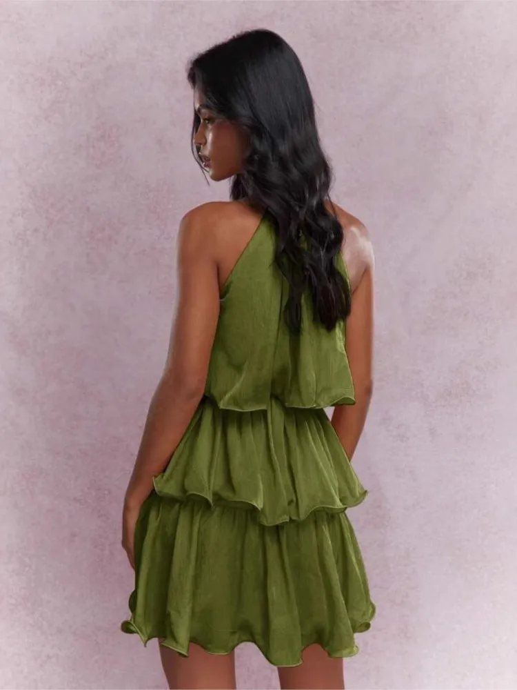 Vestidos para mujer feminino boêmio elegante em camadas plissado mini vestido sem mangas halter pescoço vestido de festa plissado roupa de férias