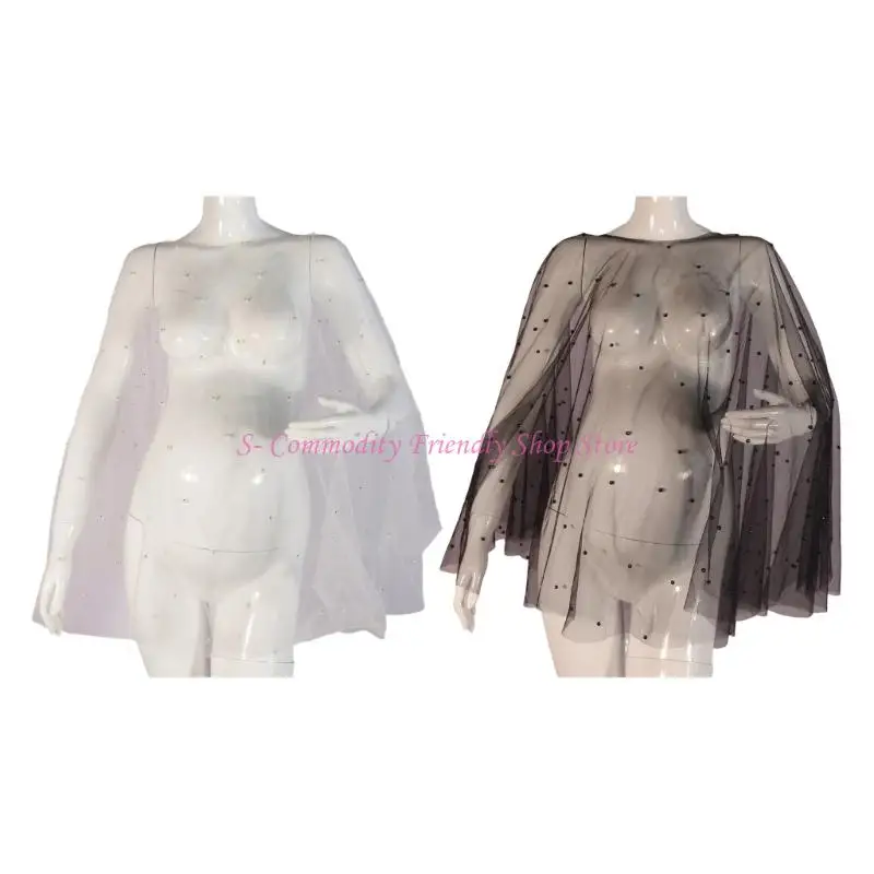 85AE Elegant Maternity Photoshoots Cape Top with Embroidered Beads and Pearls Detailing for Pregnant Photography
