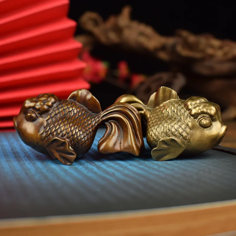 Solid Brass and Copper Goldfish Hand-Held Ornament, Full of Gold and Jade, a Good Luck Charm for Continuous Prosperity