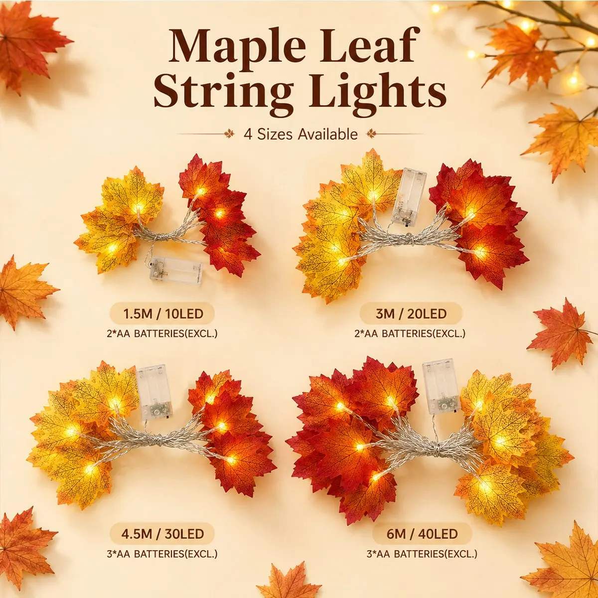 1pc 10/20/30/40 Fall Harvest Maple Hanging String Light Battery Powered Garden Lamp Perfect For Party Wedding Halloween Decor