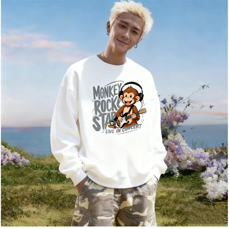

ZAZOMDE Rock Music Monkey Print Mens Sweatshirt Electric Guitar Design Long Sleeve Crewneck Cotton Top For Casual Daily Wear