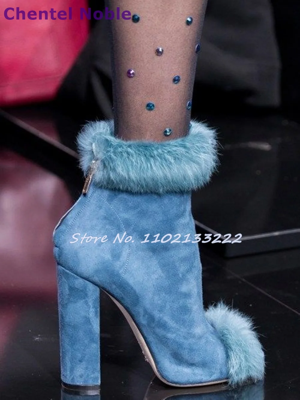 

Blue Fur Boots Round Toe Chunky High Heel Rear Zipper Suede Ankle Boots Fashion Warm Comfortable Women Shoes Winter Autumn Boots