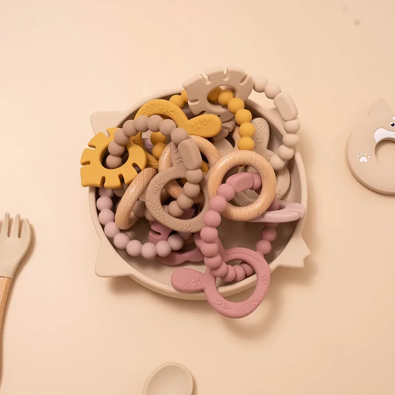 4 in 1 Baby Silicone Wooden Teether for Infants Rabbit and Leaves Design Chew Teething Toys Newborn Babies Accessories BPA Free