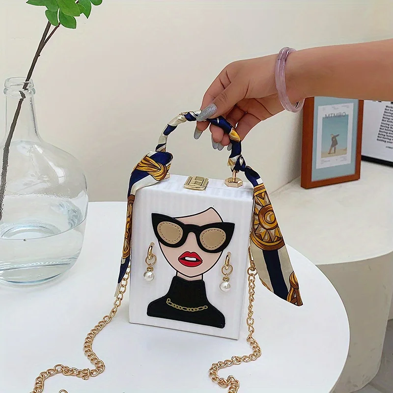 Novelty Lady face handbag, trendy chain crossbody bag, top handle box square purse for women