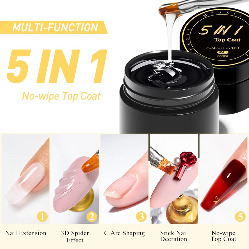 Mtssii 5 in1 Glue Gel Reinforcement Gel No Wipe Top Coat Manicure UV LED Soak Off Function Nail Gel Varnish 3D Chrome Design