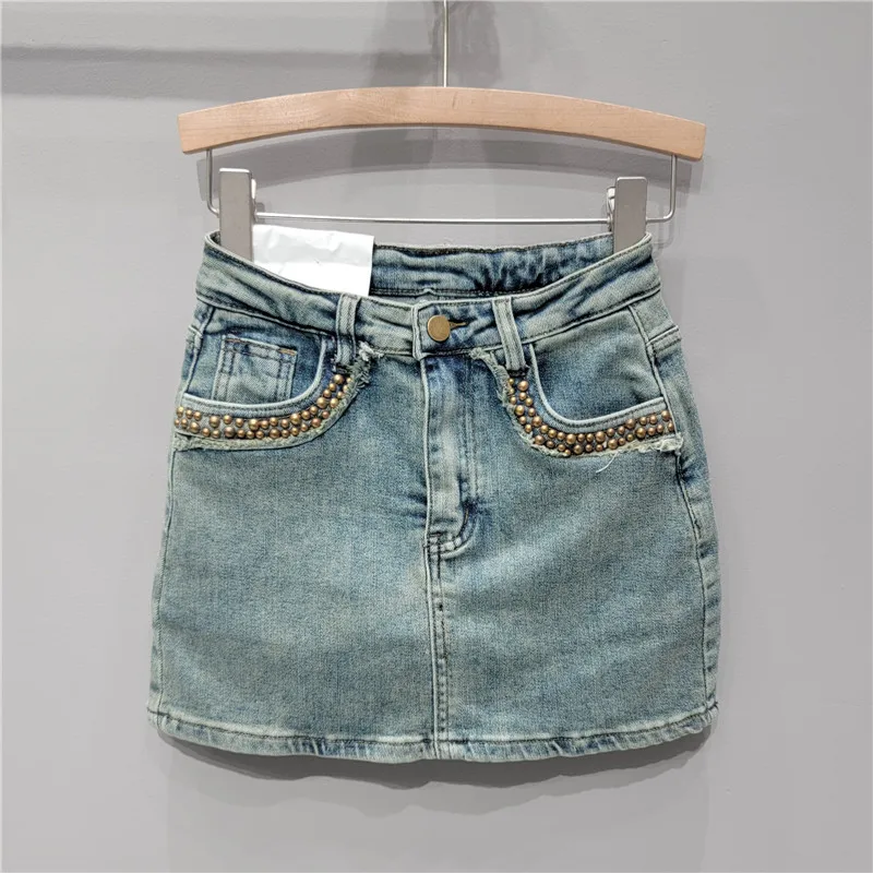 

2024 Summer New Design Feeling Nail Bead Denim Skirt Women Spicy Girl Slim Elastic Wrap Hip Skirt Blue Black LX191