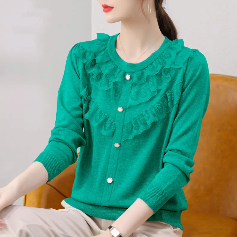 2023 Autumn/Winter New Round Neck Fashion Lace Lace Sweater Korean Loose Pullover Long Sleeve Office Lady Wild Solid Slim Knit