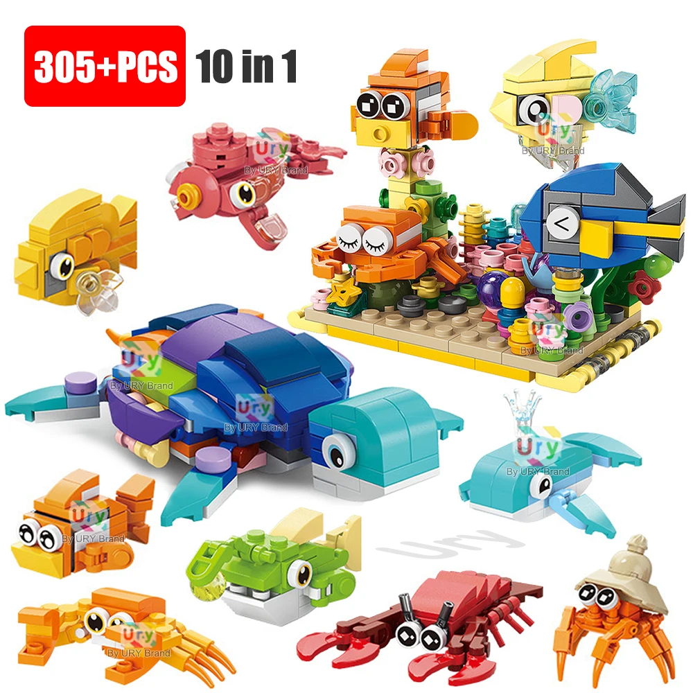 10in1 MOC Animal Clown Fish Sea Turtle Aquarium Hermit Crab Shark Dolphin Sets Building Blocks Toys Educational for Kids Gifts