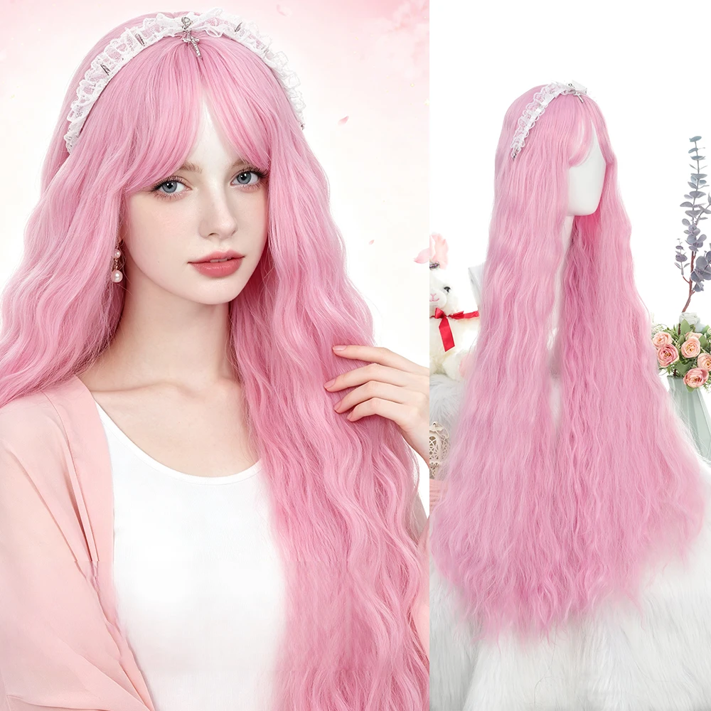 Synthetic 40 Inch Women Pink Long Curly Hair Wig Halloween Cosplay Heat Resistant Fiber Hair Accessories