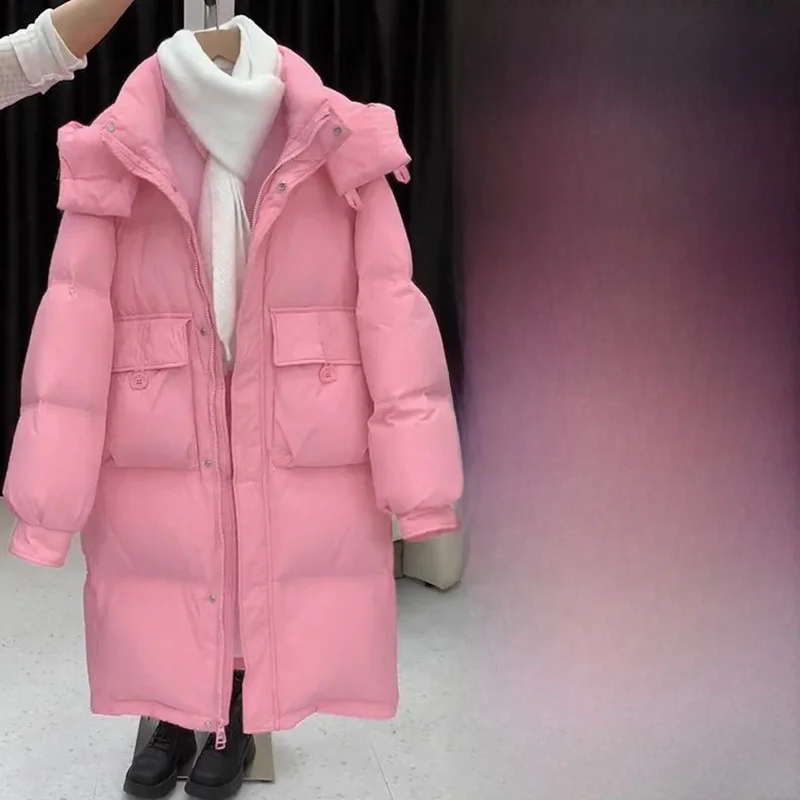 Pink down Cotton Jacket Women's Winter New Korean Version Thickened Waist-Cinching Mid-Length Slimming Hooded Coat