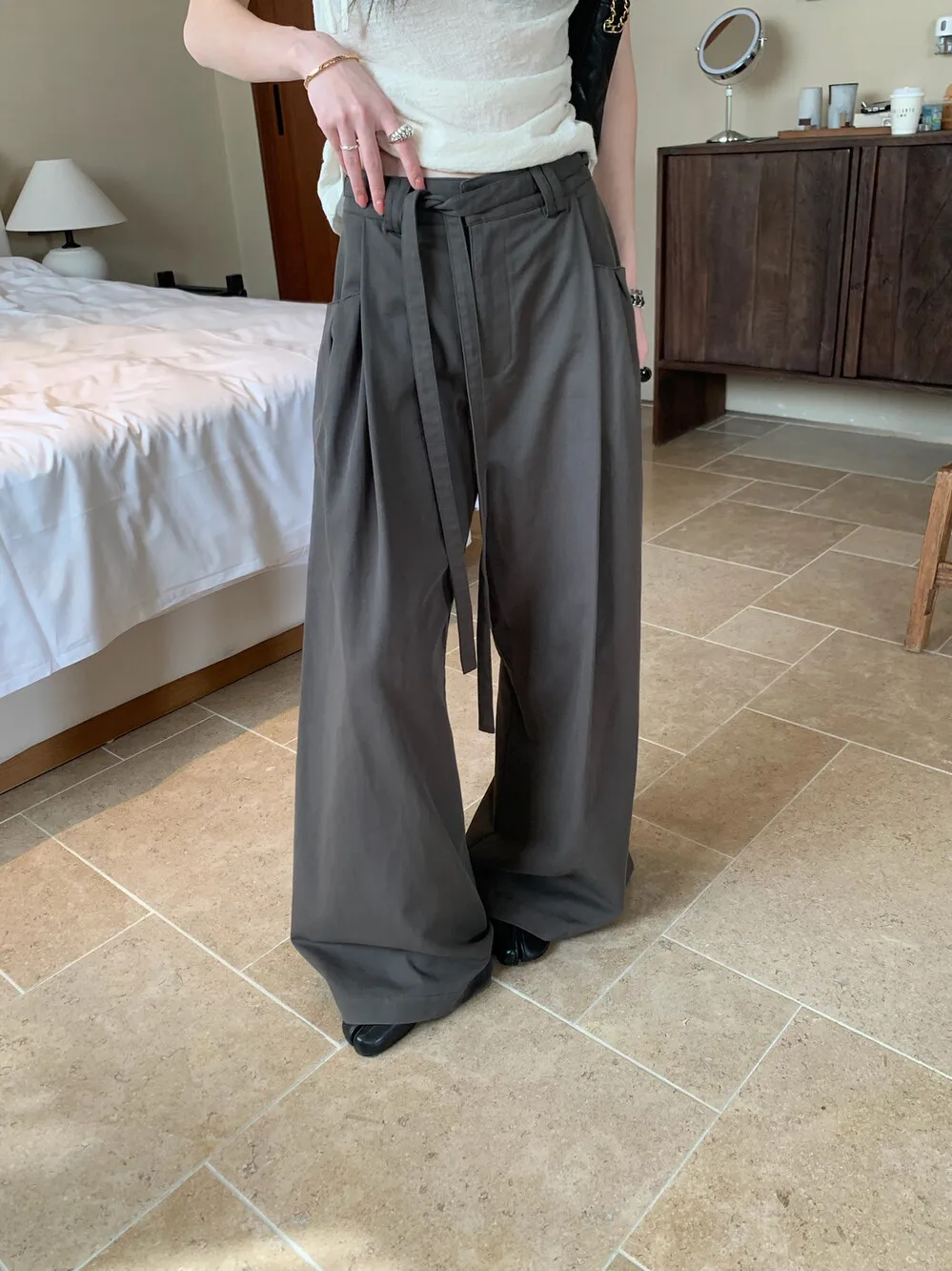 

Брюки женские Lilian с высокой талией, прямые, повседневные, с поясом-шнурком, широкие, плиссированные, комфортные, свободного кроя