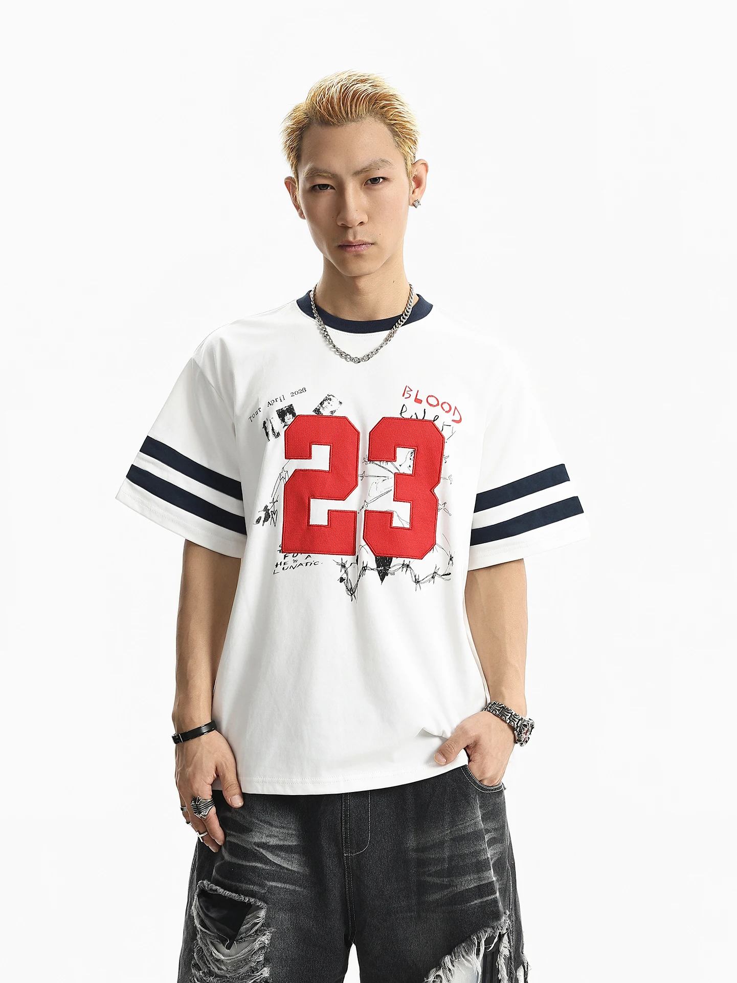 BETEBULE American High Street Embroidered Print Striped round Neck Short Sleeve Men's Summer Loose Top Trendy Brand T-shirt