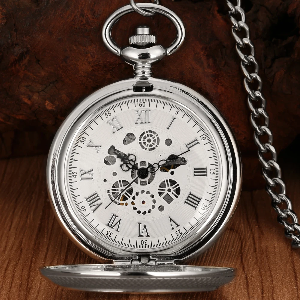 Steampunk Retro Silver Mechanical Hand Winding Pocket Watch Roman Numerals Display Fob Chain Pendant Pocket Timepiece Men's Gift