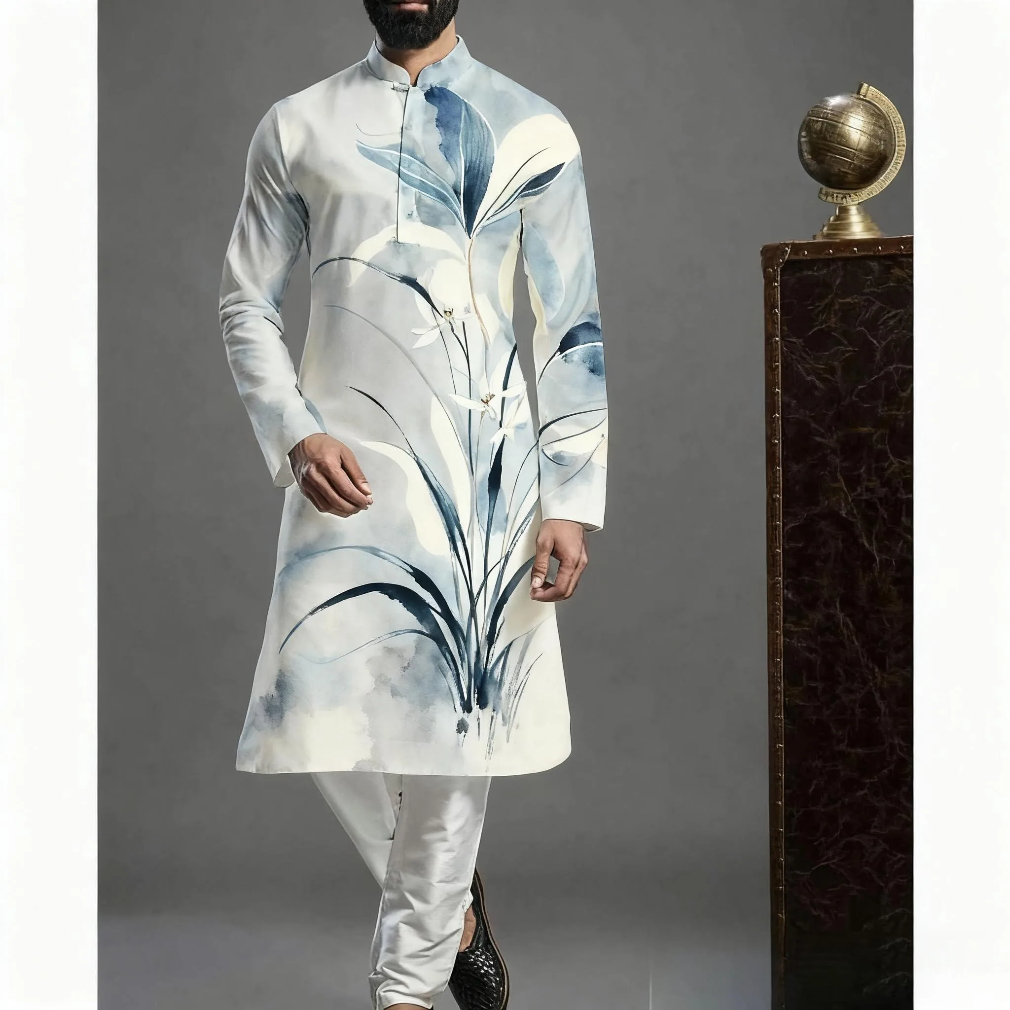 قميص كورتة إسلامية ملابس رجالية قفطان شعبي Musulman Kurta ملابس إسلامية هندية قمصان مطبوعة بأكمام طويلة