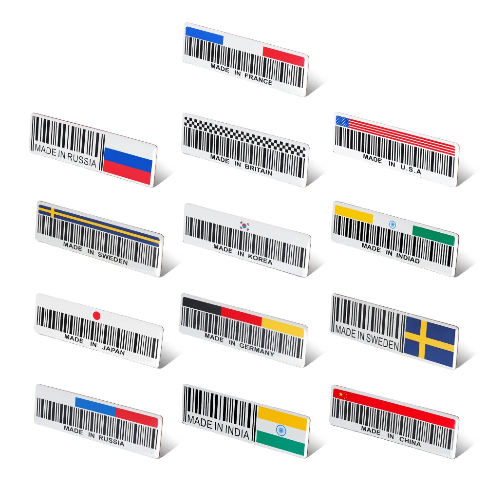 Металлический автомобильный штрих-код, эмблема, наклейка, украшение страны, наклейка, сделано в Швеции, Италия, Германия, Россия, Великобритания, Франция, Корея, Япония, Китай