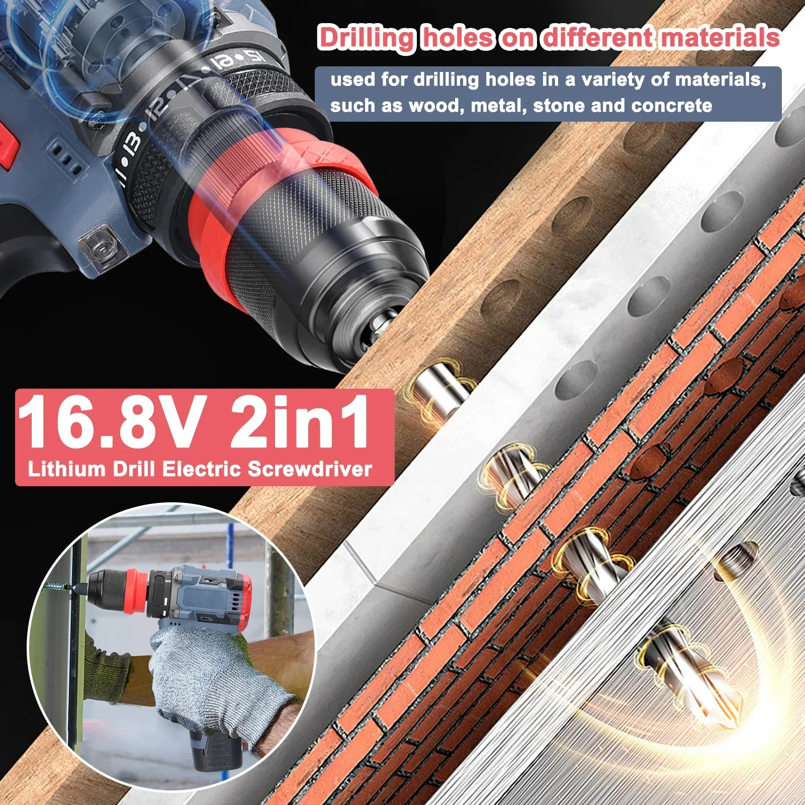 16.8V 2in1 Lithium Drill Electric Screwdriver Multi-function Power Tool 45Nm Torque Brushless Motor Practical Screw Driver