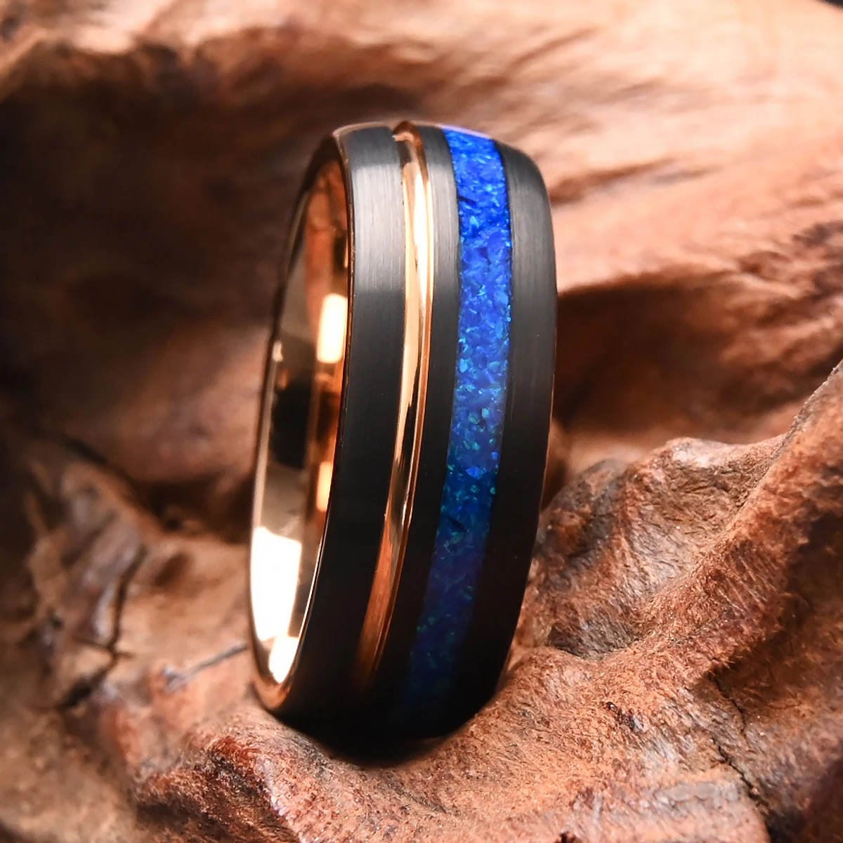 8mm Tungsten Carbide Rings for Men and Women rosegold Groove with Blue Opal Men\'s Wedding band fashion Comfortable to Wear