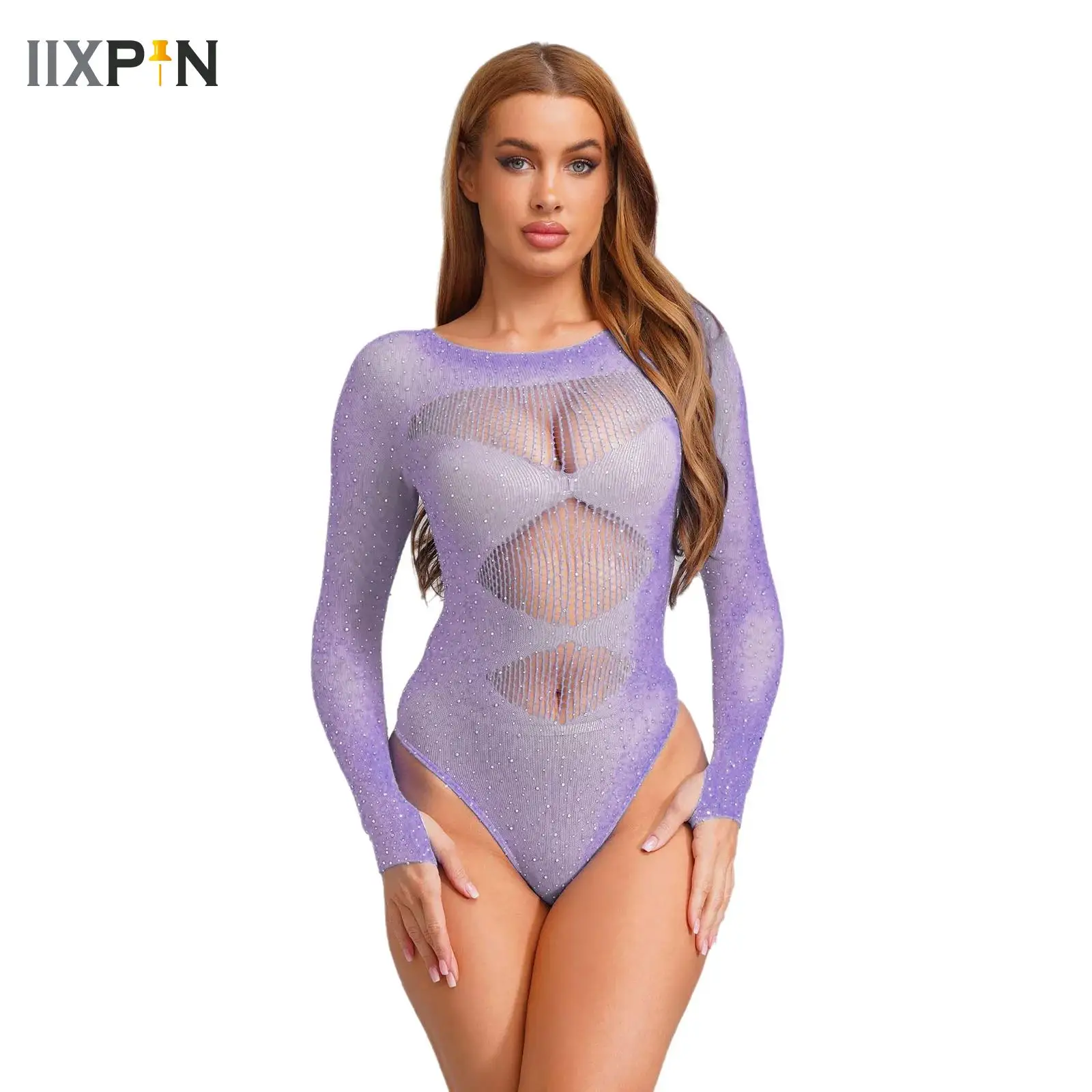 

Womens Glittery Fishnet Bodysuit Sexy Lingerie Long Sleeve Rhinestone Leotard Bodysuit Stretchy One Piece Bathing Suit Cover Up