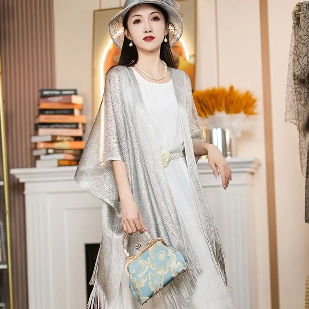 

New Fashion Pure Color Women Shawl Shining Tassel Evening Prom Cape Cloak Women Girls