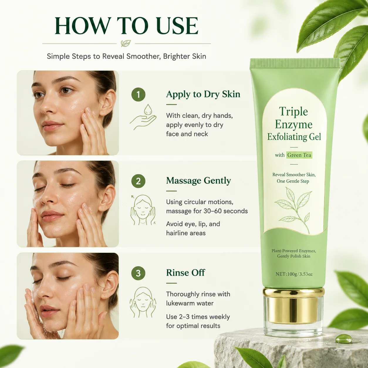 100g Triple Enzyme Exfoliating Gel with Green Tea, Gentle Non-Abrasive Face Peeling Gel, Dead Skin Remover Pore Minimizer view 5