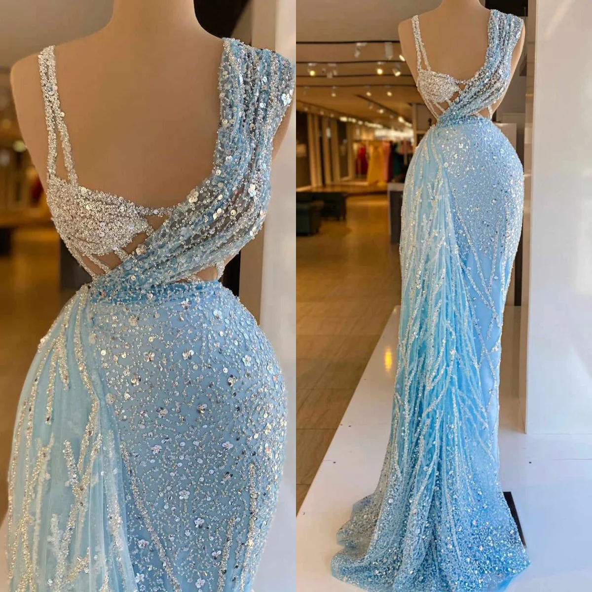 

Shiny Mermaid Evening Dresses Sleeveless Sweep Train Beadeds Prom Gowns Birthday Party Customized Sequins Dresses