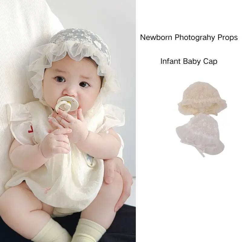 

Korean 2025 Newborn Lace Bonnet Retro Princess Breathable Royal Baby Girl Cap Infant 0-12 Months Cotton Summer Photography Hat