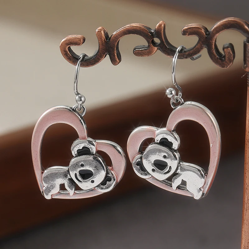 Lovely Handmade Koala Hollow Heart Pendant Earrings for Women Fashion Chic Two Tones Design Banquet Festival Jewelry Accessories view 2