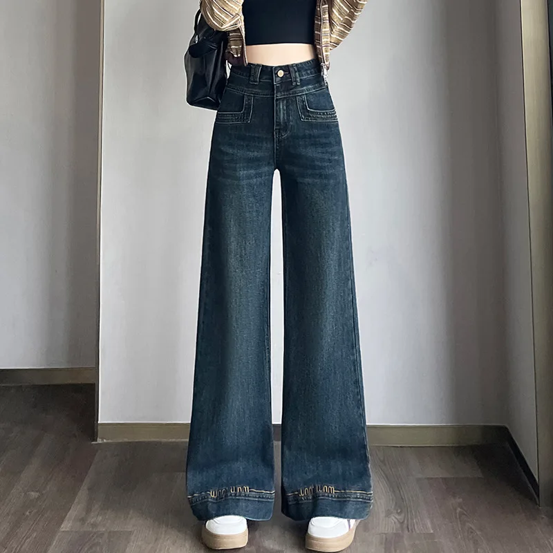 Retro Wide Leg Jeans for Women in Spring and Autumn Without Sticking Legs New Double Button High Waist Design Slimming and Wide view 6
