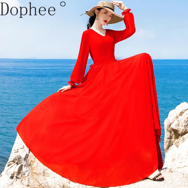 

Red Beach Dress New Spring Summer Vintage Elegant V-neck Long Sleeve Chiffon Dress Solid Color Floor-length Vacation Women Dress