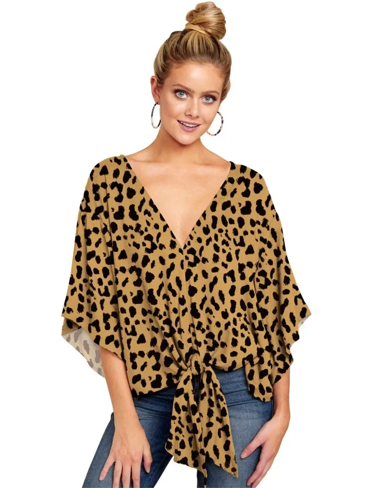 

Весенне-летняя новая женская рубашка, сексуальный топ с v-образным вырезом и короткими рукавами, модный топ с рукавами-трубой с принтом и узлом