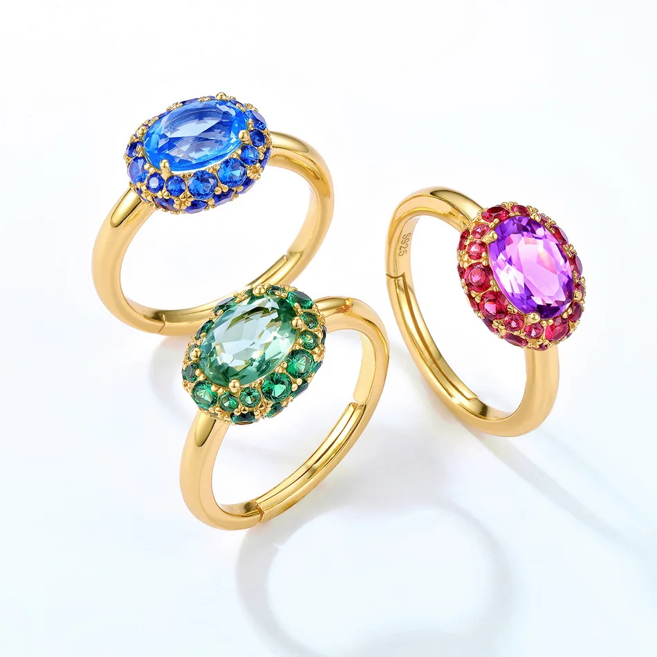 ALLNOEL 925 Sterling Silver Adjustable Rings For Women Green Blue Fuchsia Gemstones Amethyst CZ Zircon Gold Plated  Fine Jewelry